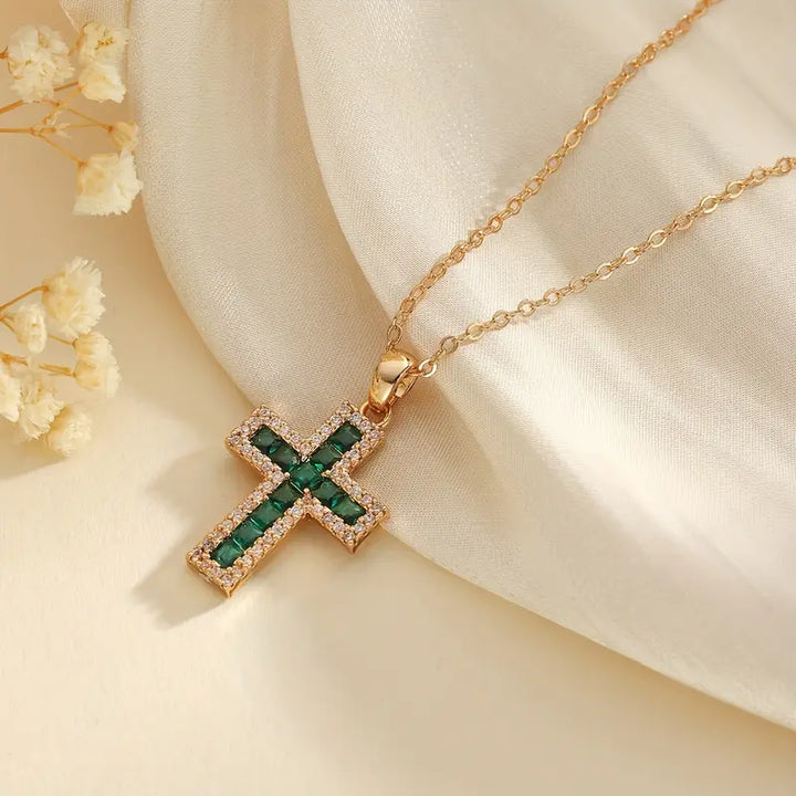Orla & James - Emerald Cross Pendant Necklace in Gold