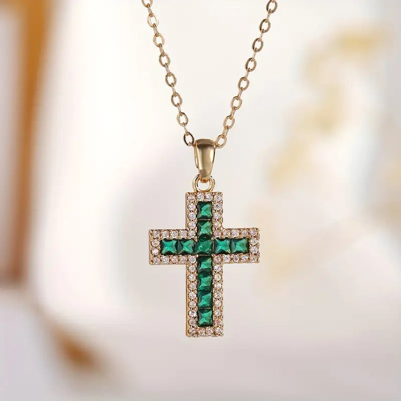 Orla & James - Emerald Cross Pendant Necklace in Gold