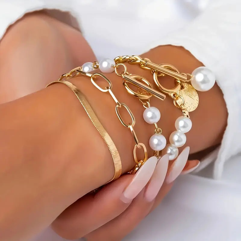 Orla & James - Chic Gold 4-Piece Bracelet Set: Snake, Pearls & Links