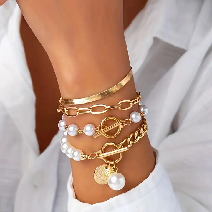 Orla & James - Chic Gold 4-Piece Bracelet Set: Snake, Pearls & Links