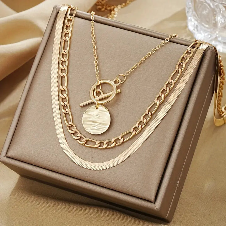 Orla & James - Textured Coin Layered Necklace in Gold