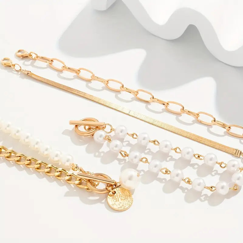 Orla & James - Chic Gold 4-Piece Bracelet Set: Snake, Pearls & Links