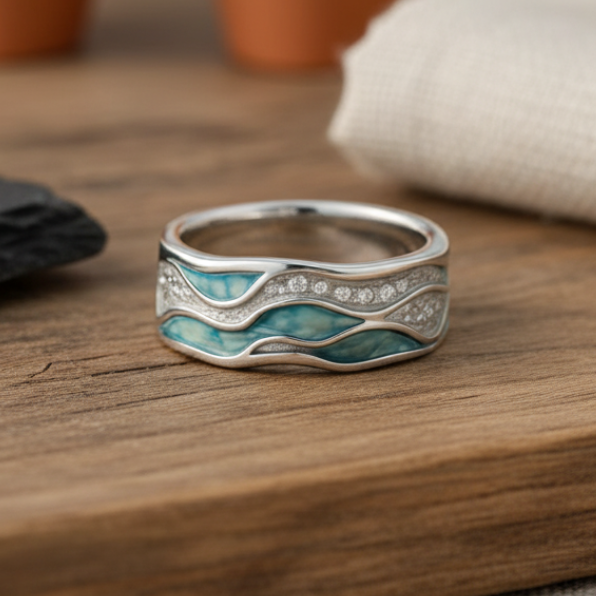Orla & James - Turquoise Silvered Waves Ring