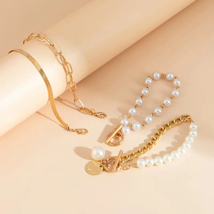 Orla & James - Chic Gold 4-Piece Bracelet Set: Snake, Pearls & Links