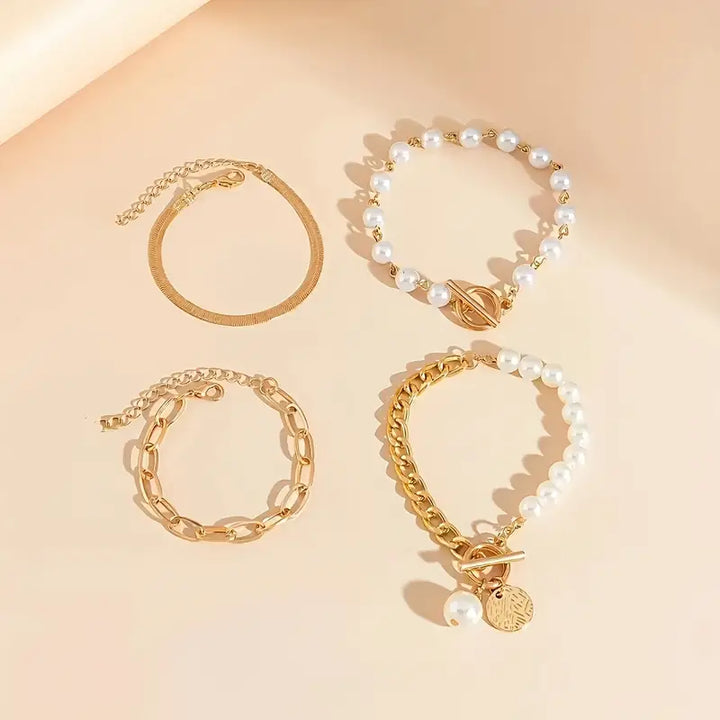 Orla & James - Chic Gold 4-Piece Bracelet Set: Snake, Pearls & Links